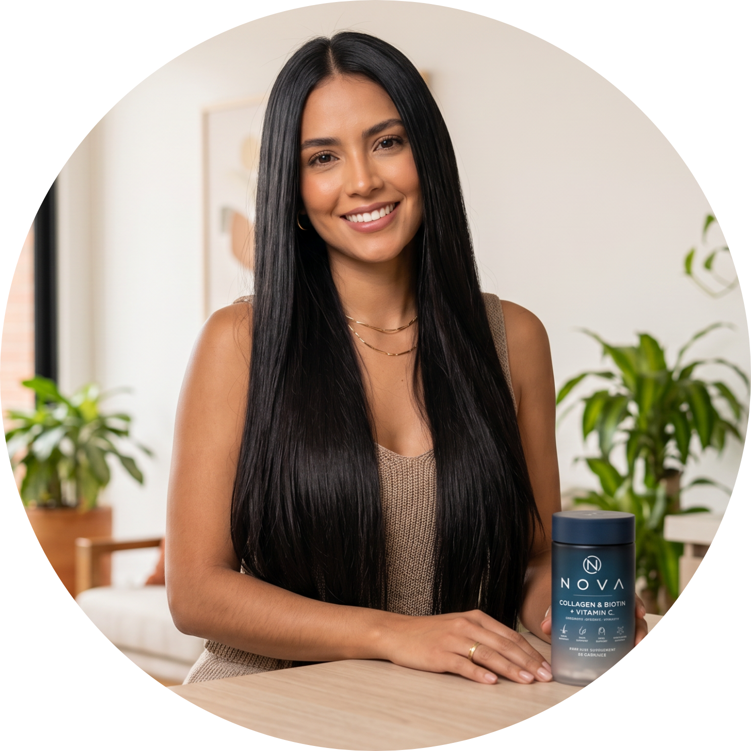 Woman with long healthy hair beside NOVA Collagen and Biotin