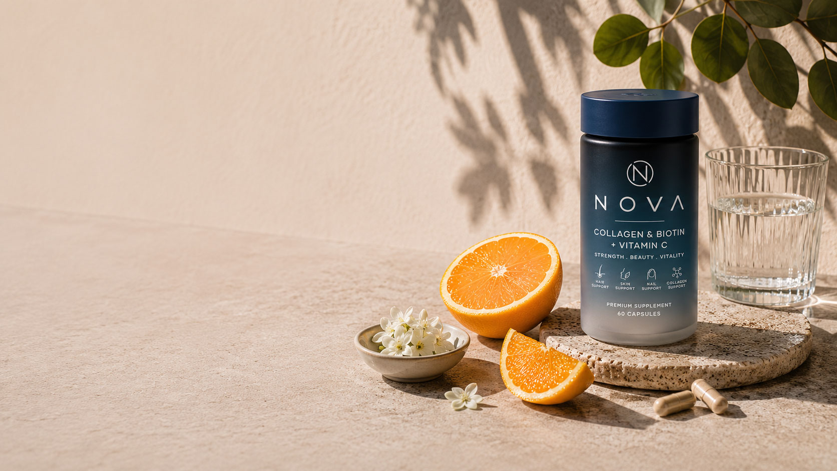 NOVA Collagen and Biotin with vitamin C, oranges, and water