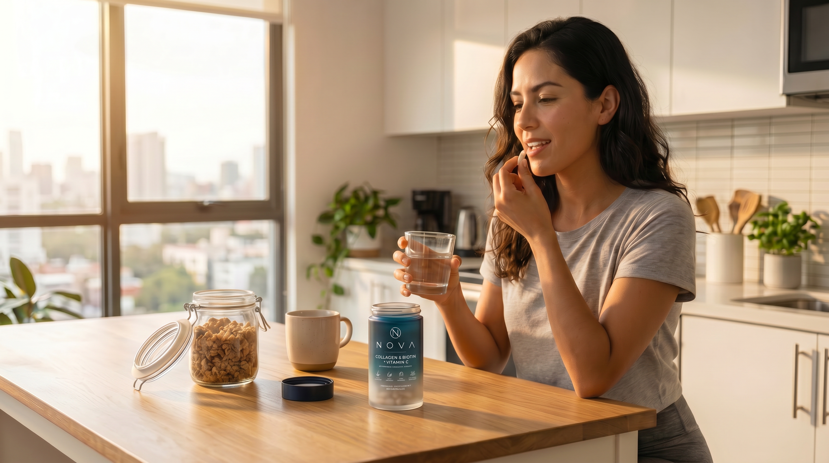 Woman taking NOVA capsules in a bright kitchen
