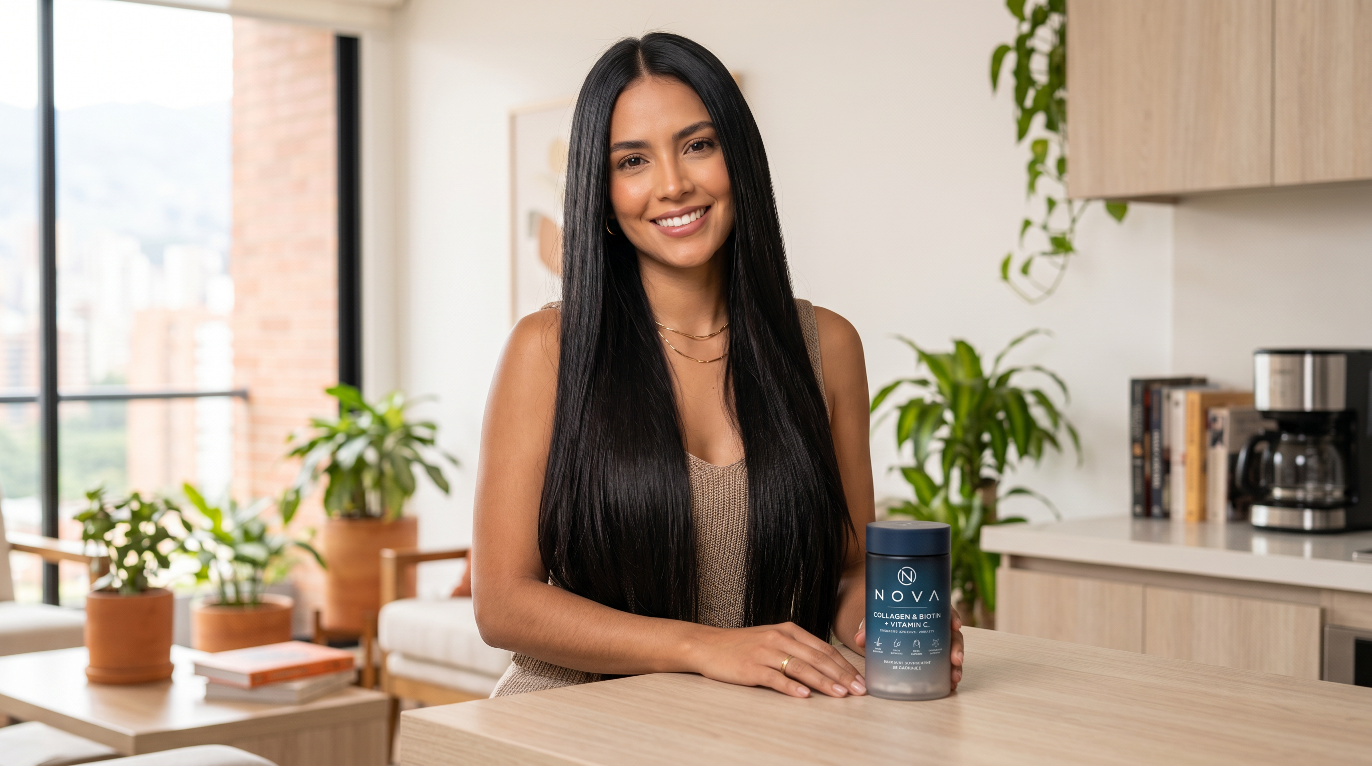 Woman smiling with NOVA product on counter