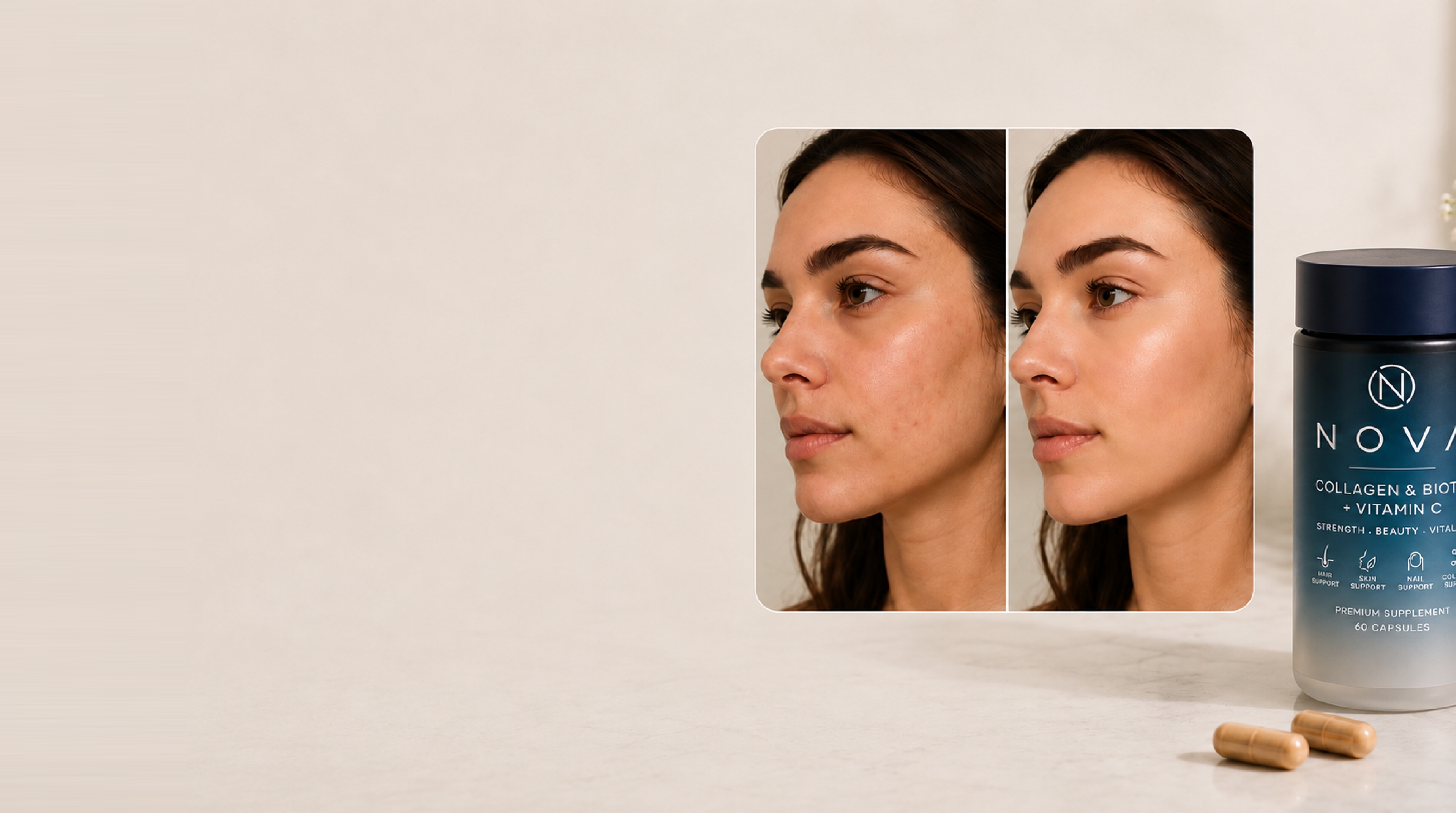 Before and after skin results beside a NOVA bottle